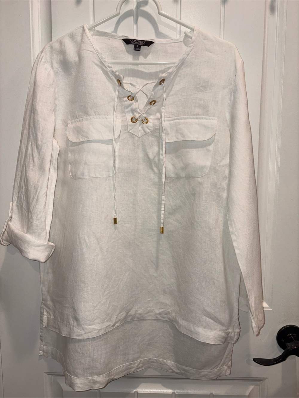 White Lace-Up Linen Tunic Top women’s small